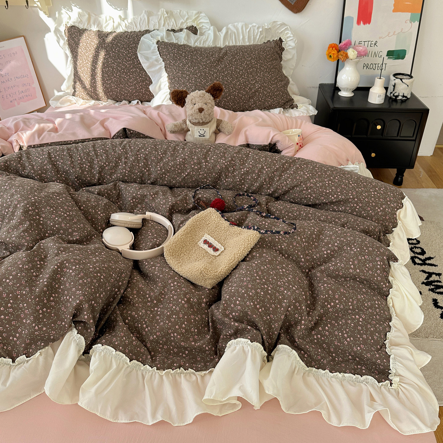 2026春夏新款A类仿棉高克重花边款四件套古法水洗棉