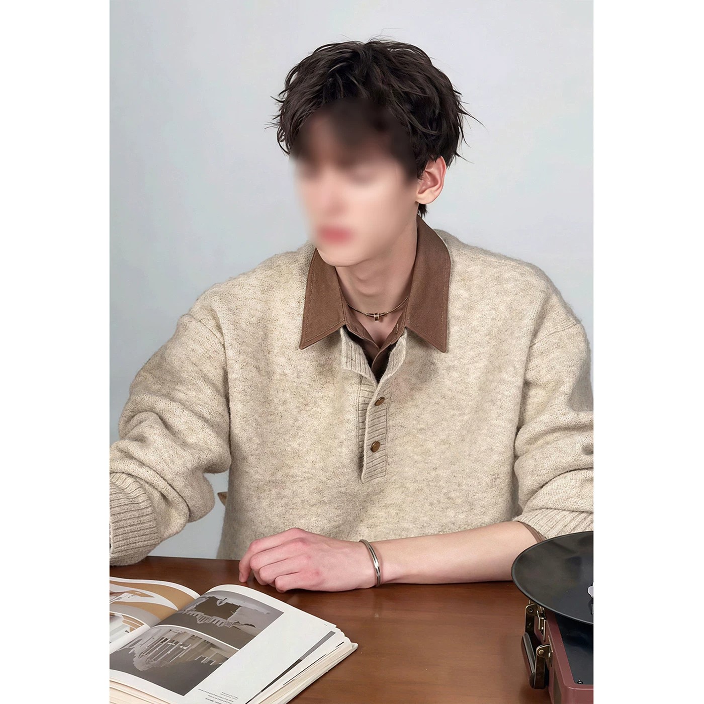 卡其色假两件翻领毛衣男士冬季加厚针织打底衫慵懒高级感美式外套