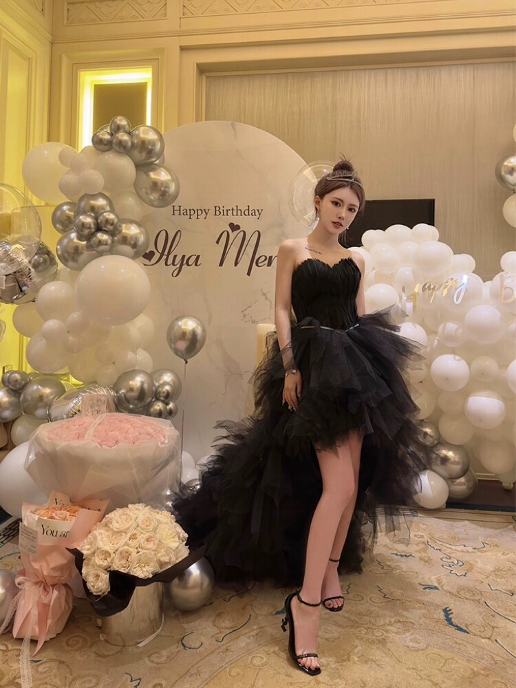 拖尾公主蓬蓬裙轻奢小众名媛成人生日party小礼服芭蕾少女羽毛裙