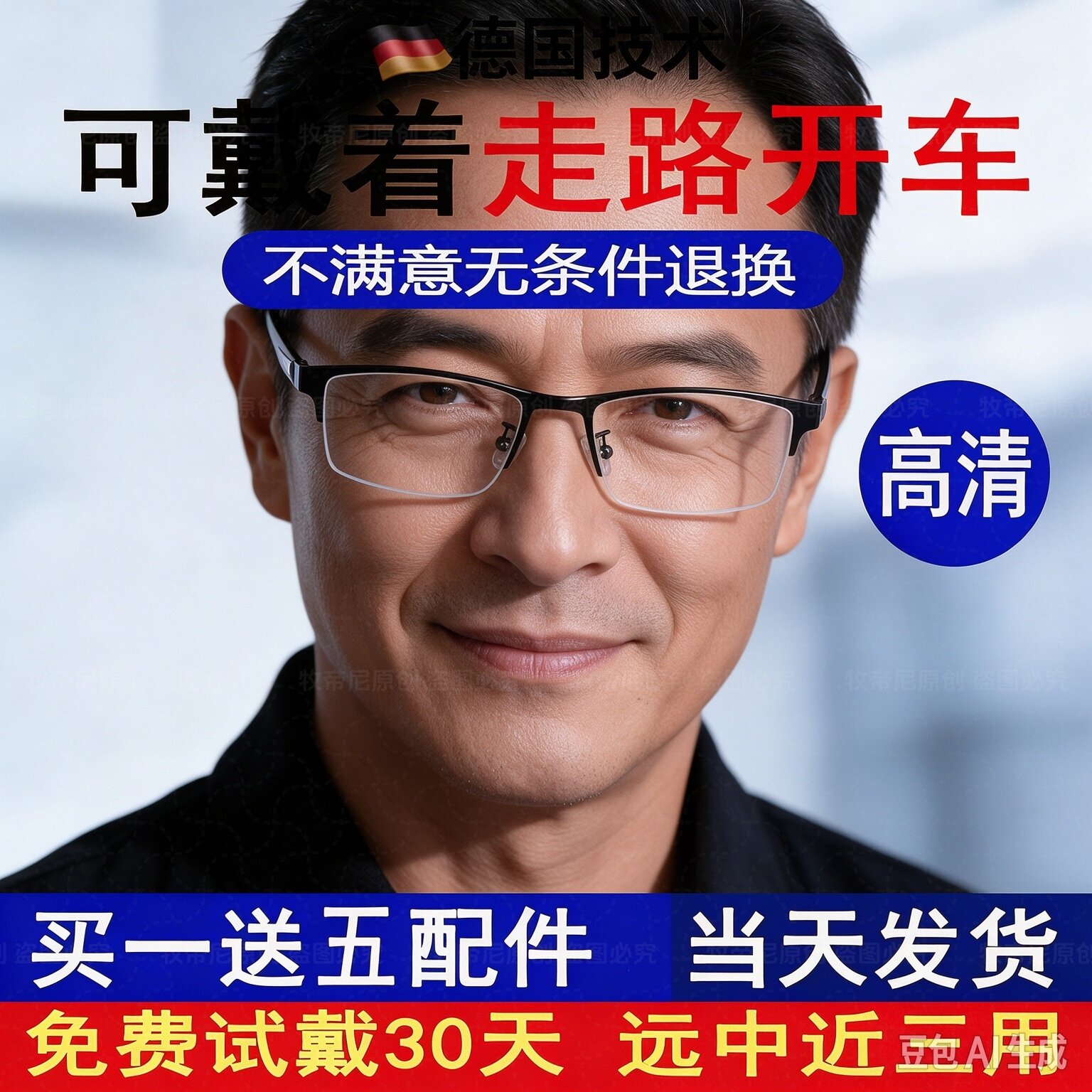 变色防蓝光渐进变焦老花镜