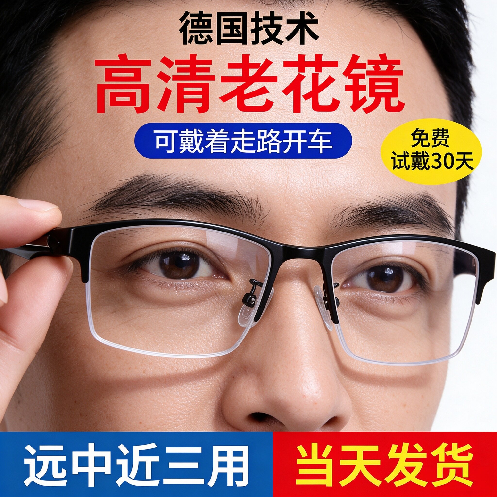 感光变色老花镜远中近三用多焦点防蓝光高清中老年人通用眼镜
