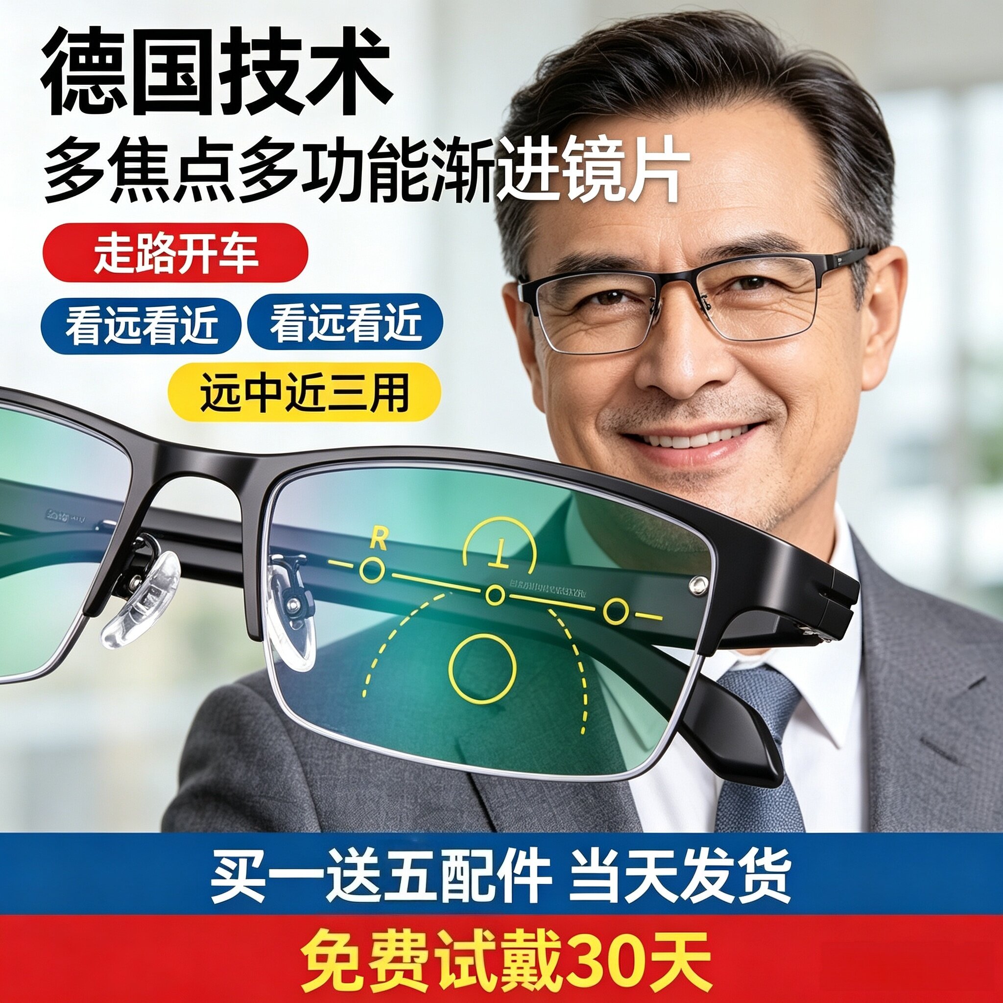 男士老花镜远中近三用自动调度数智能变焦防蓝光变色中老年眼镜