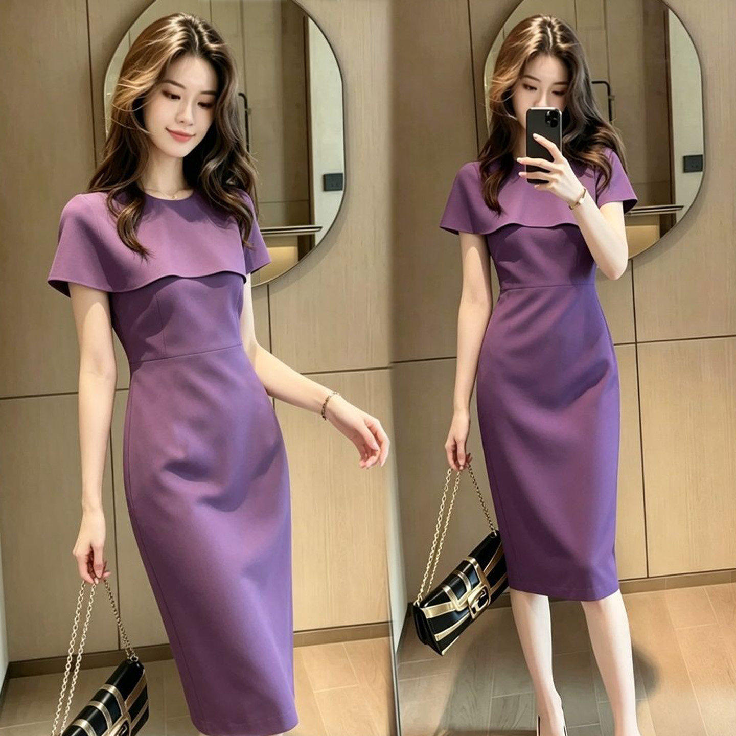 轻奢紫色斗篷袖显瘦中长连衣裙女