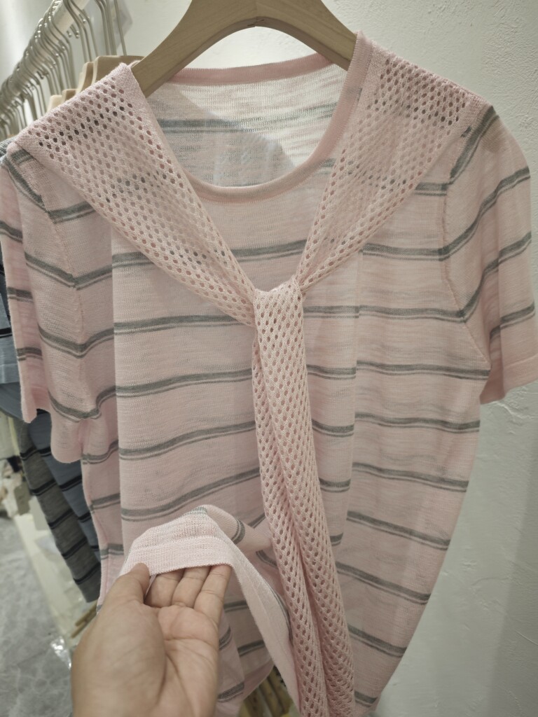 韩系条纹假两件套针织衫女夏薄款披肩圆领短袖百搭显瘦洋气上衣潮
