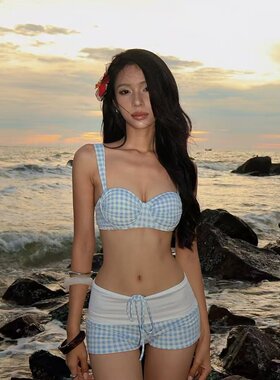 LQV蓝色格子系绳分体泳衣女海边度假性感纯欲比基尼修身韩版泳装