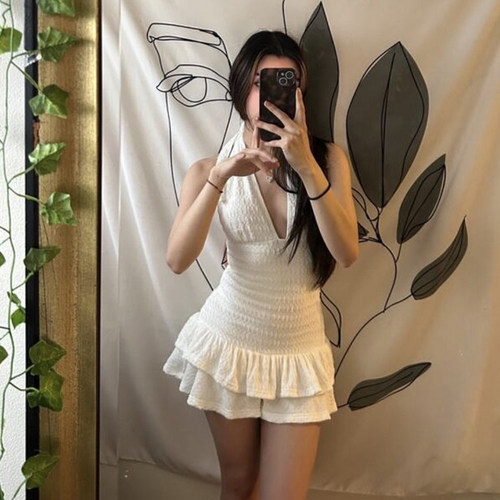 LQV挂脖连体泳衣女遮肉修身显瘦
