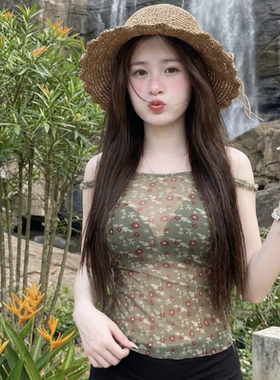 LQV温柔韩系风碎花吊带修身显瘦遮肉上衣女镂空夏季田园风泳衣