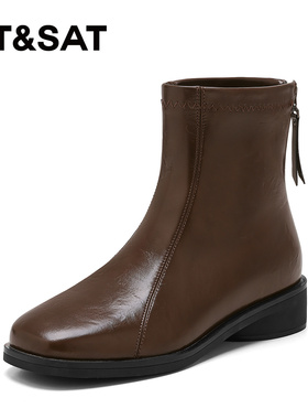 St&Sat/星期六秋冬方头厚底时装靴后拉链通勤短靴女SSD4116CEJ