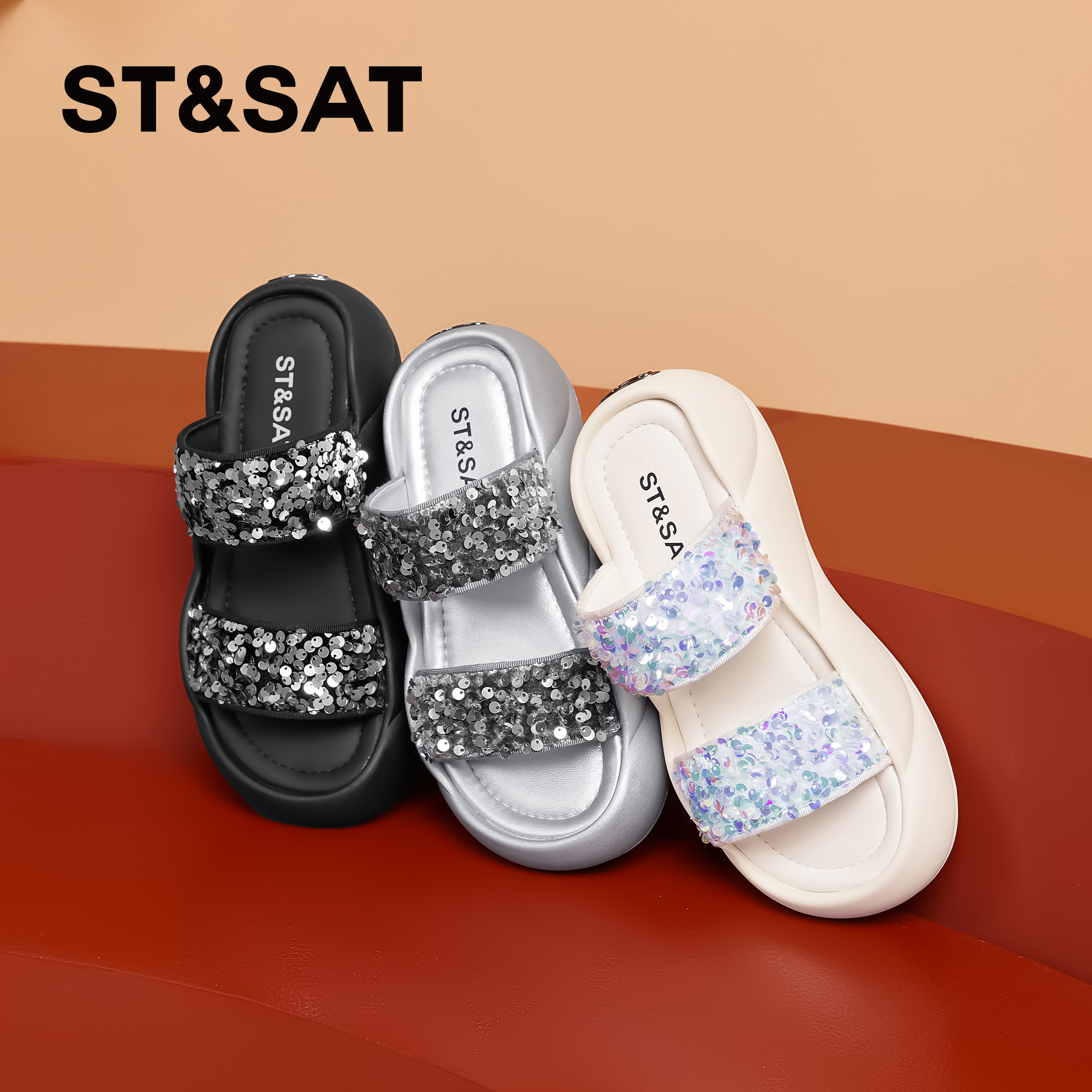 St&Sat/星期六夏季新款亮片露趾一字外穿厚底凉拖鞋女SSC2110C1H