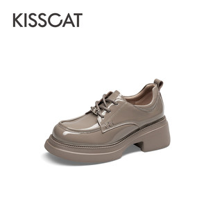 KISS 接吻猫春秋牛漆皮系带厚底增高深口乐福鞋 女KA54582 CAT