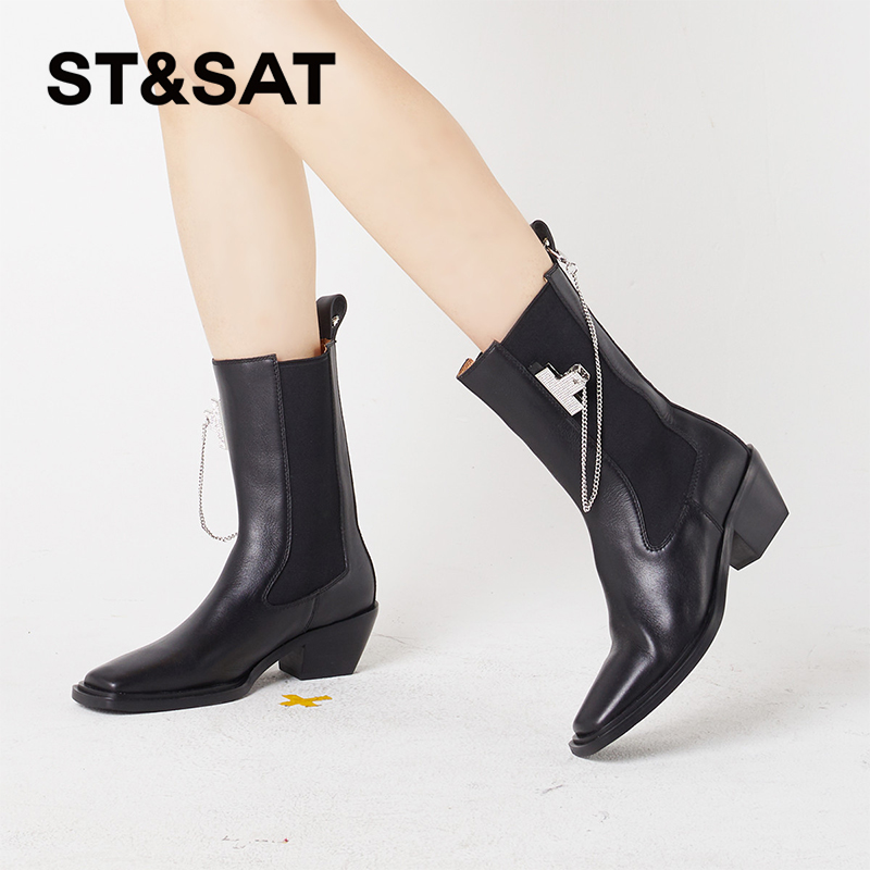 星期六优雅链条西部牛仔靴女