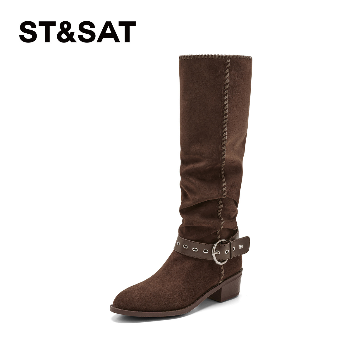 星期六皮带扣时尚百搭高筒靴女