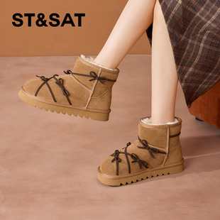 St&Sat/星期六冬季牛反绒蝴蝶结雪地靴保暖绒里短靴女SSD4118CKU