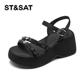 水钻蝴蝶结一字扣带坡跟露趾凉鞋 St&Sat 星期六夏季 女SSD2115W05