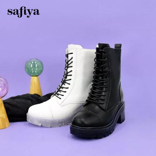 索菲亚加绒保暖圆头粗高跟马丁靴