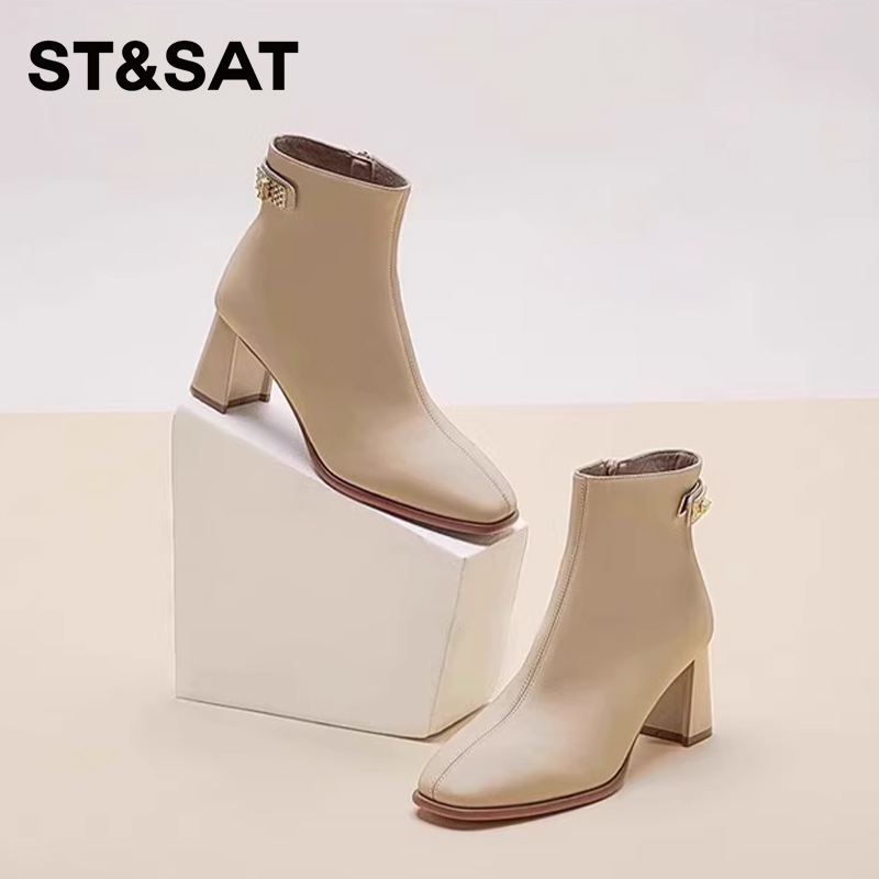 星期六简约优雅方头通勤短靴女