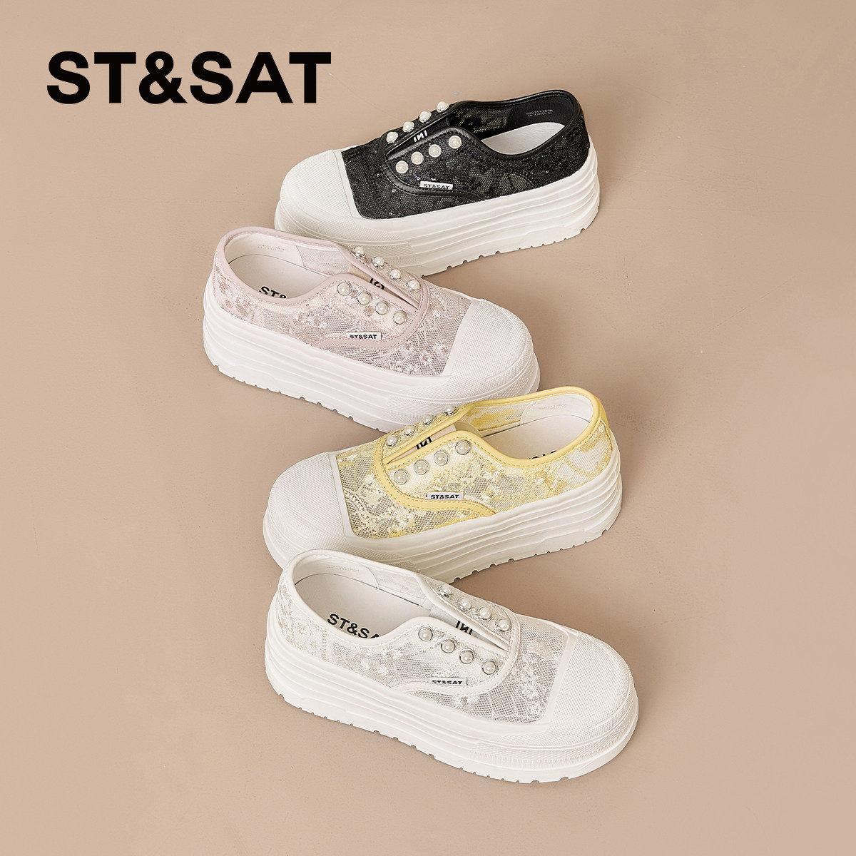 星期六绣花网面一脚蹬厚底单鞋女