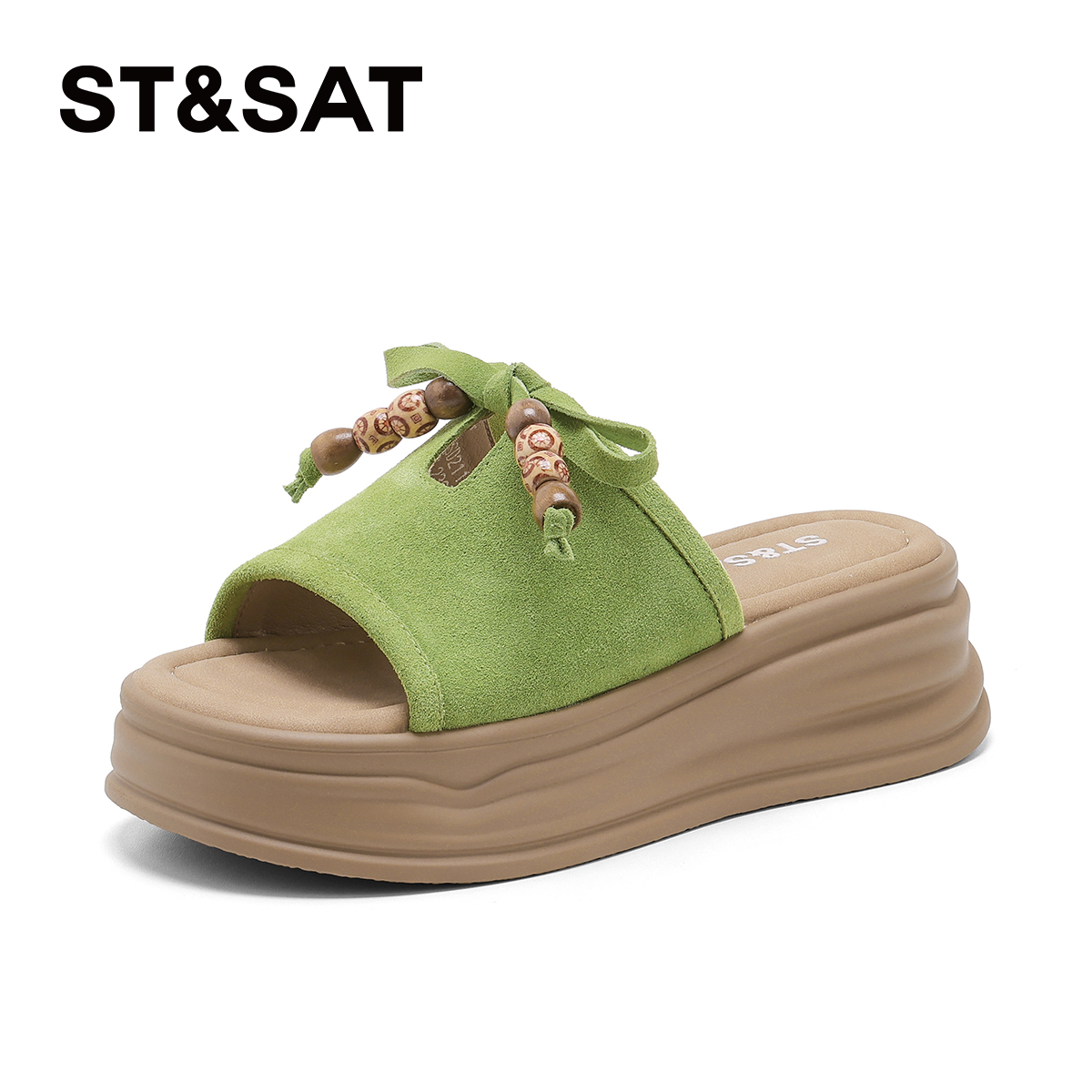 St&Sat/星期六夏季牛皮串珠厚底增高一字沙滩凉拖鞋女SSD2110CZS