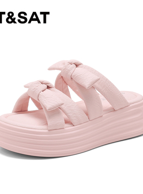 St&Sat/星期六夏季新款蝴蝶结厚底增高一字型凉拖鞋女SSD2110W0J
