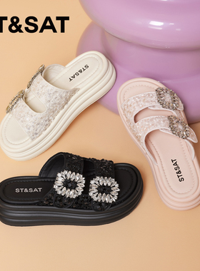St&Sat/星期六夏季水钻亮片厚底增高外穿一字凉拖鞋女SSC11140IG
