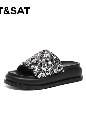 St&Sat/星期六夏季新款亮片一字型外穿厚底凉拖鞋女SS32110D89