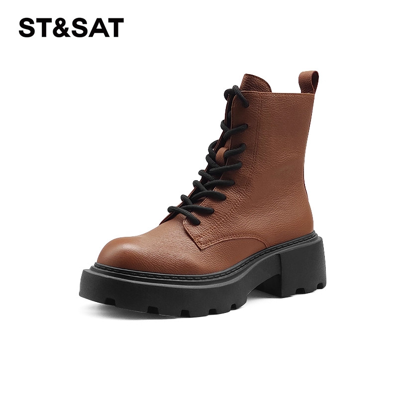 星期六牛皮百搭厚底马丁靴女