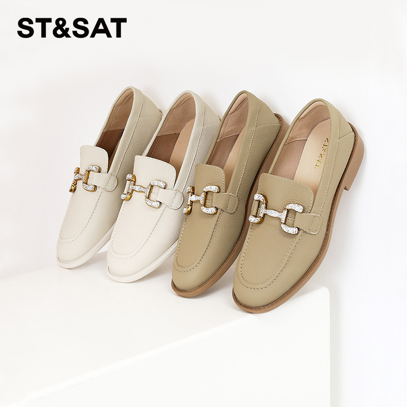 星期六牛皮水钻粗跟乐福鞋