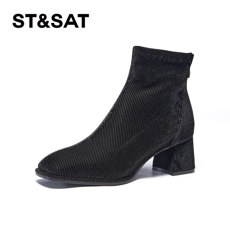 星期六粗高跟舒适百搭通勤短靴女