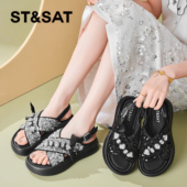 St&Sat 女SSC2115F68 水钻亮片一字扣厚底露趾凉鞋 星期六夏季 新款