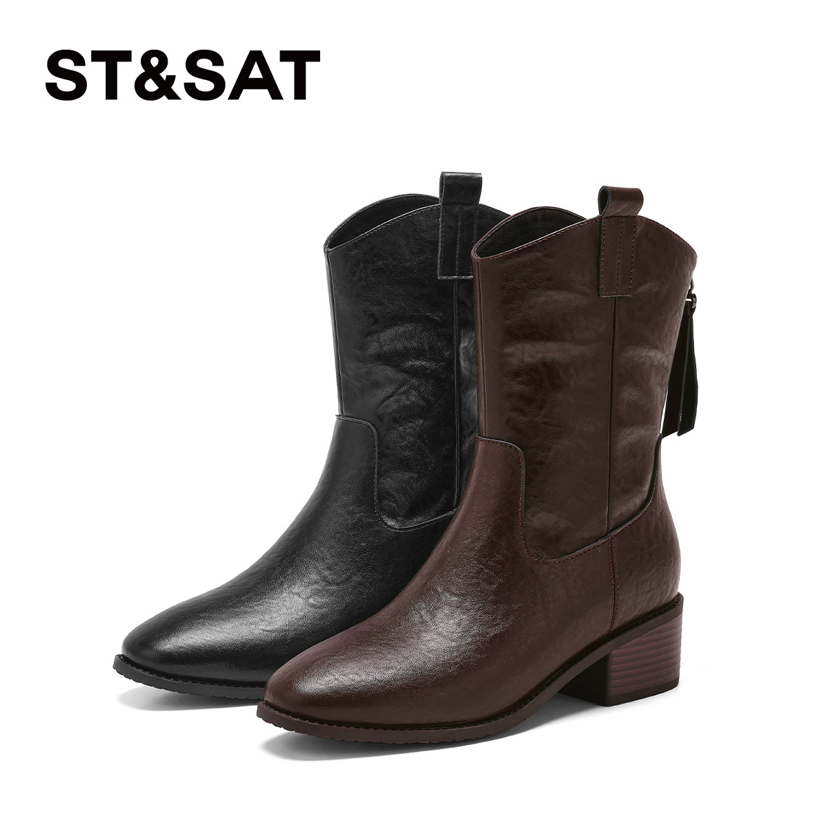 星期六时尚保暖粗跟中筒西部靴女