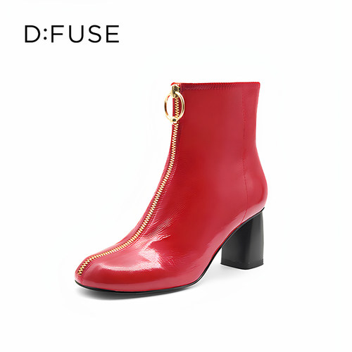 迪芙斯时髦前拉链粗高跟短靴女