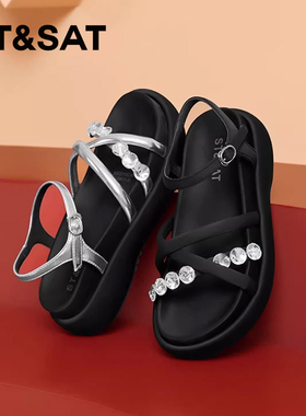 St&Sat/星期六夏季水钻细带外穿一字扣厚底露趾凉鞋女SSC2115C5K