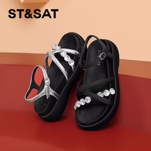女SSC2115C5K 水钻细带外穿一字扣厚底露趾凉鞋 St&Sat 星期六夏季