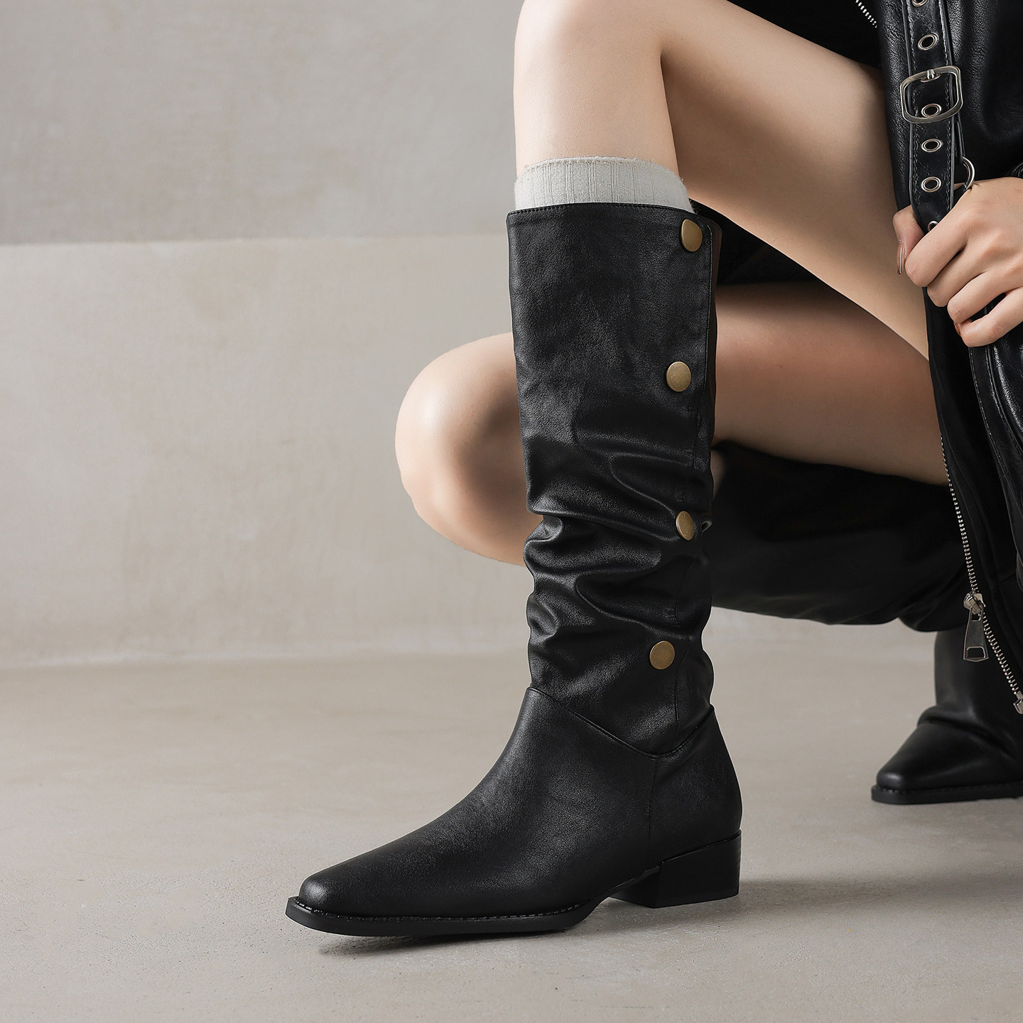 粗跟小方头复古长靴2025秋新款堆堆靴低跟高筒不过膝西部靴骑士靴,女鞋,骑士靴,淘宝优惠券,粉丝福利购,淘宝优惠卷