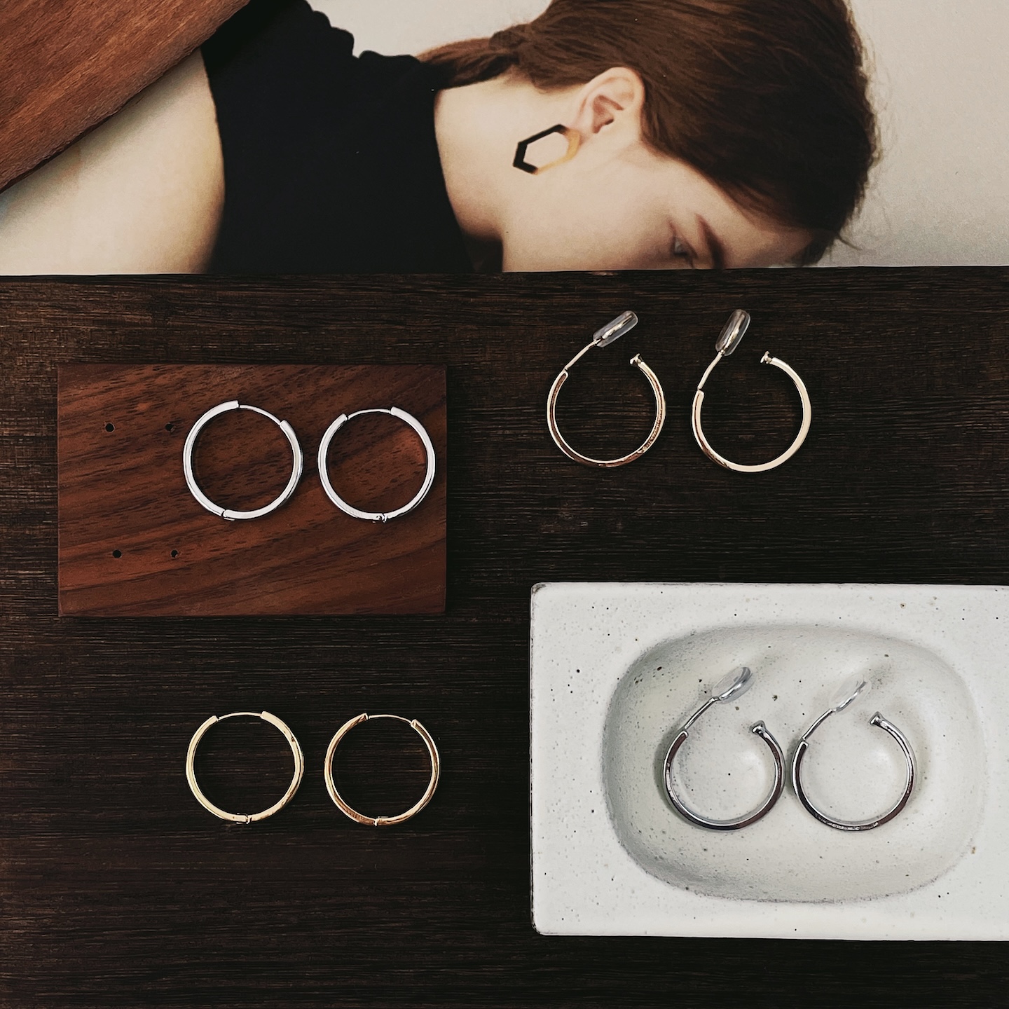 精致美人素圈耳环金银两色耳夹