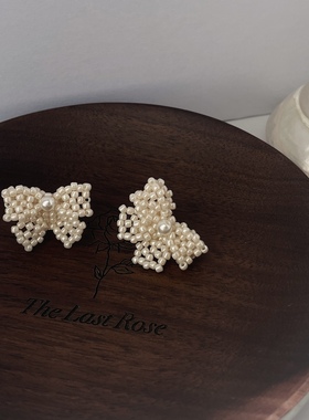 伯德小姐法式复古米色串珠蝴蝶结耳环小众少女甜美仙气质耳钉甜美