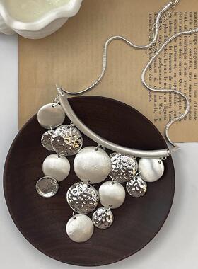 金属圆片流苏项链小众民族风设计感锁骨链重工个性项饰合金中式