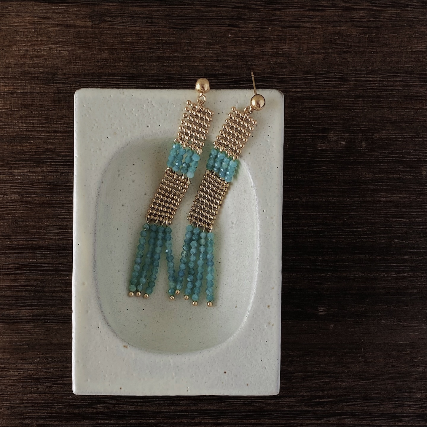 上新9折 卷珠帘金色绿松石串珠拼接流苏耳环女长款气质耳饰复古风