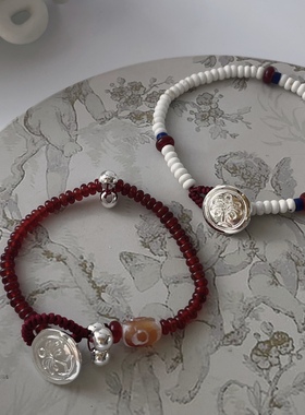 天然白松石手串编织手链红玛瑙平安扣手链高级银小众设计红色串珠