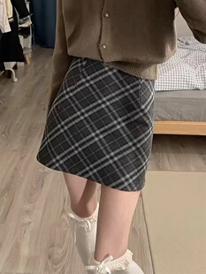 秋冬格子半身裙女大码胖mm毛呢短裙美式复古格纹包臀裙半裙短款