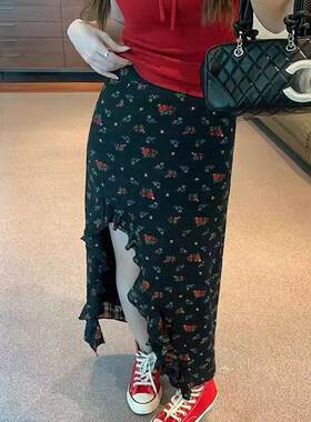 不规则荷叶边碎花裙开叉半身裙女