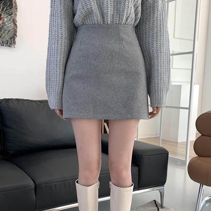 浅灰色羊毛呢子半身裙女秋冬新款高腰修身短裙百搭显瘦a字包臀裙