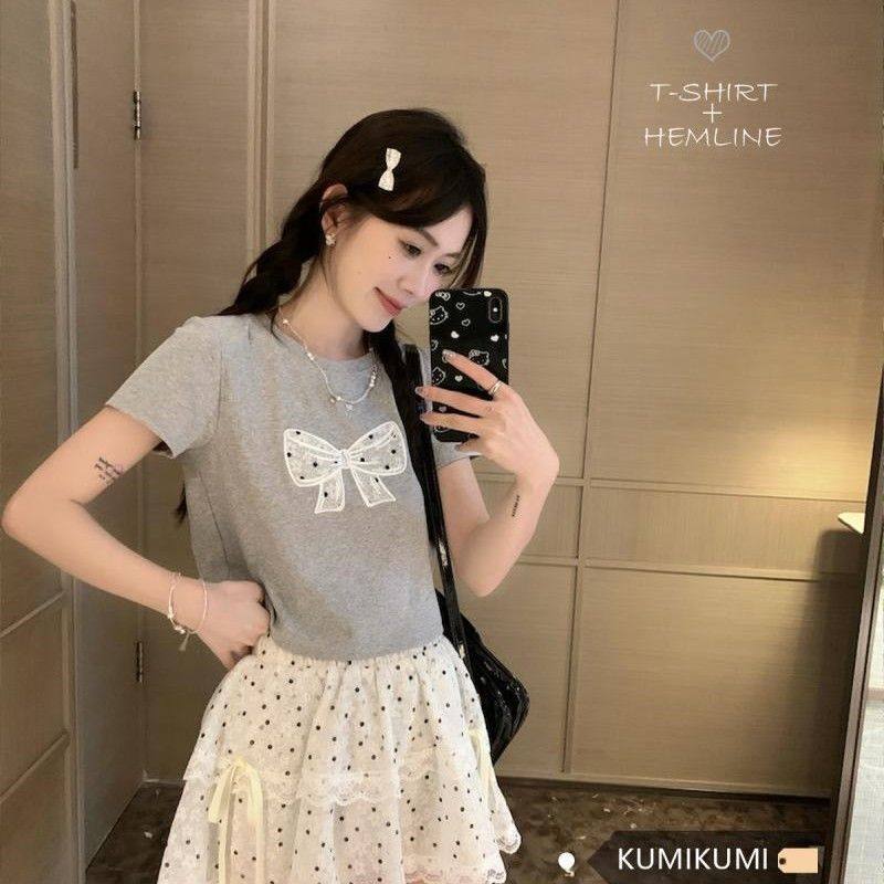 kumikumi甜美风套装蝴蝶结刺绣T恤女夏季波点蕾丝A字半身裙两件套,女装/女士精品,半身裙,淘宝优惠券,粉丝福利购,淘宝优惠卷