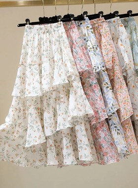 半身裙子新款2024年夏季碎花不规则荷叶边百搭a字ins超仙蛋糕裙女