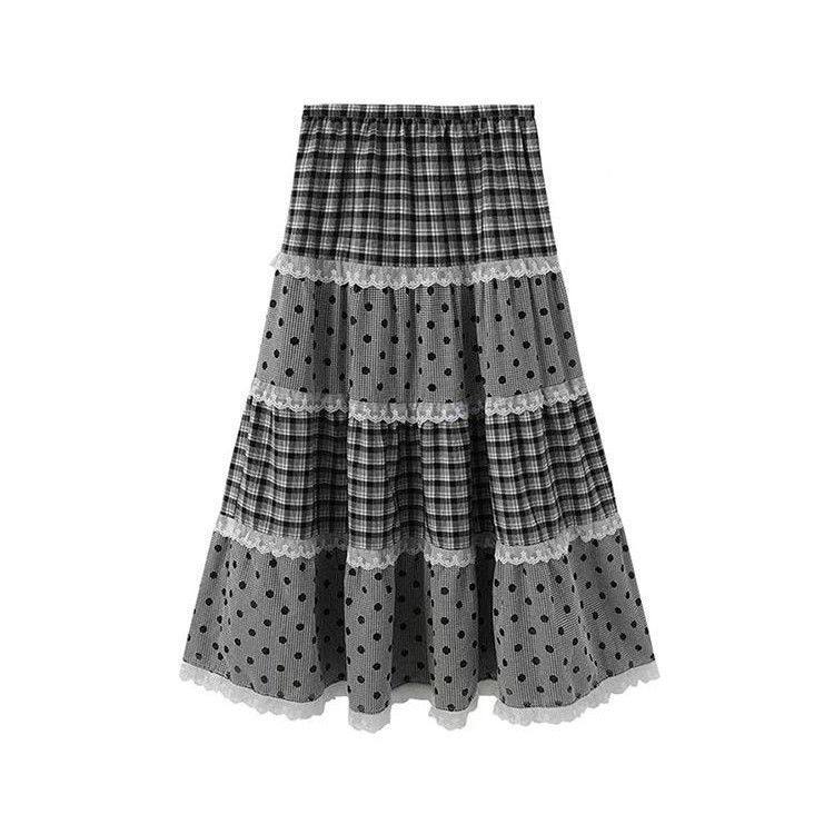 韩系多层花边格子拼接半身裙女秋季新款复古宽松百搭大摆裙中长裙,女装/女士精品,半身裙,淘宝优惠券,粉丝福利购,淘宝优惠卷
