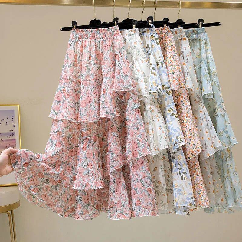 蛋糕裙女半身裙子新款2024夏季碎花不规则荷叶边百搭a字ins超仙
