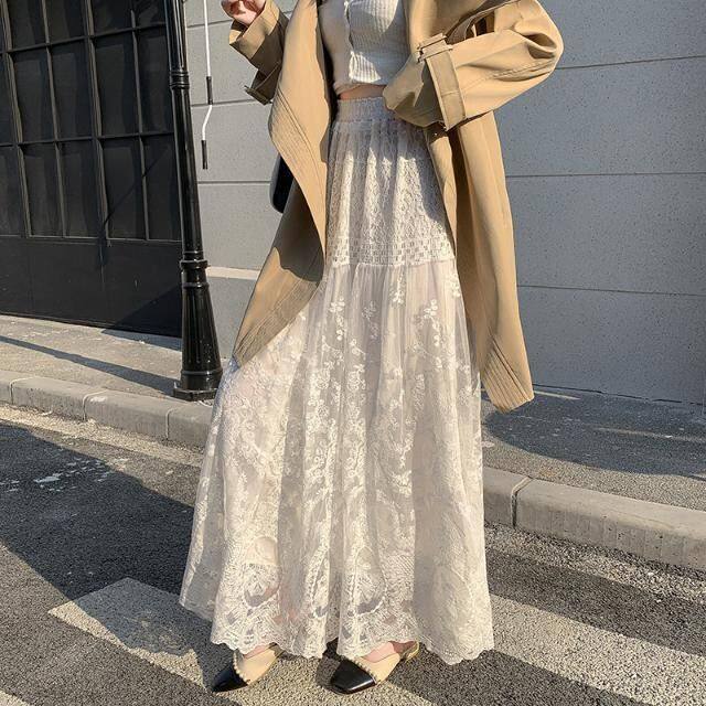 白色网纱钩花蕾丝半身裙ins松紧腰大摆刺绣长裙仙女裙到脚踝长裙