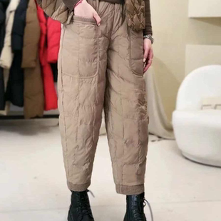 滑雪羽绒棉裤女冬新款小个子复古拼接菱格压线松紧腰保暖灯笼裤子