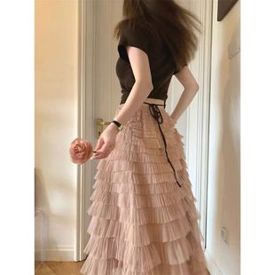 粉色蛋糕裙半身裙女紗裙春夏2024新款 蓬蓬仙女長(zhǎng)裙高腰a字網(wǎng)紗裙