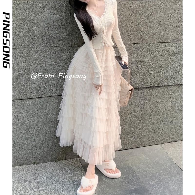 白色长款网纱蓬蓬蛋糕裙高腰a字冬裙半身裙女春夏法式赫本风半裙